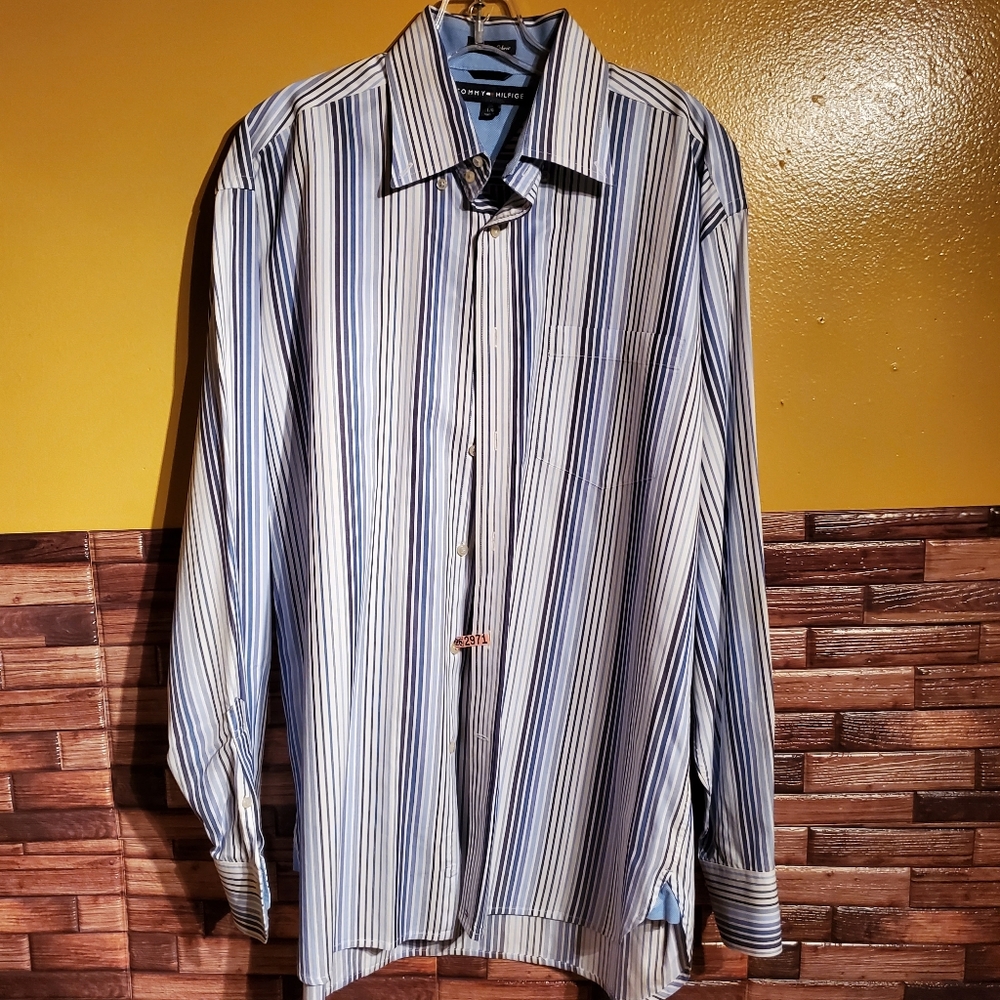 TOMMY HILFIGER Shirt Mens Large Blue Long Sleeve 80s 2 Ply Fabric Button Down